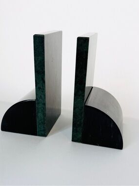 Vintage MCM Art Deco Marble Bookends - Green & Black Stone